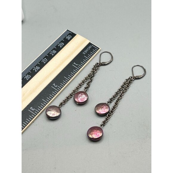 Sterling & Pearl Dangles Genuine Cultivate Lentil Pearls Purple Dyed Lever Back - Picture 6 of 6